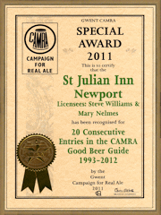 Presentation certificate to the St Julian Inn for 20 years in the National Good Beer Guide - Click here to bring up a larger version of this article